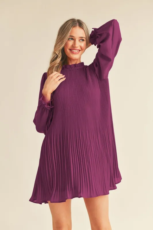 Orchid Dusty Purple Pleated High Neck Mini Dress sold by Pinkblush