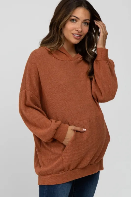 Rust Brushed Ribbed Maternity Hooded Top sold by Pinkblush