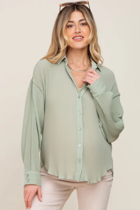 Light Olive Plisse Maternity Chiffon Blouse sold by Pinkblush