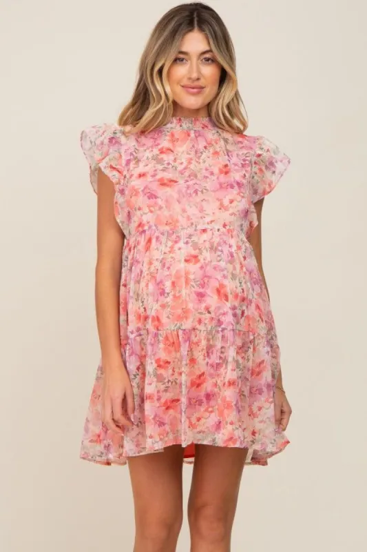 Coral Floral Chiffon Tiered Maternity Dress sold by Pinkblush