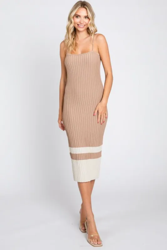 Taupe Colorblock Knit Fitted Midi Dress sold by Pinkblush