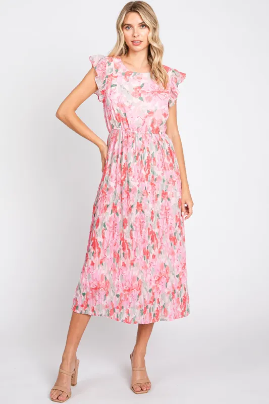 Pink Floral Chiffon Pleated Midi Dress sold by Pinkblush