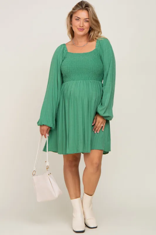 Green Smocked Long Sleeve Maternity Plus Dress sold by Pinkblush