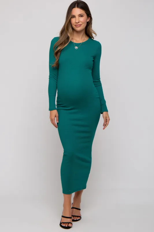 Green Ribbed Fitted Long Sleeve Maternity Midi Dress sold by Pinkblush