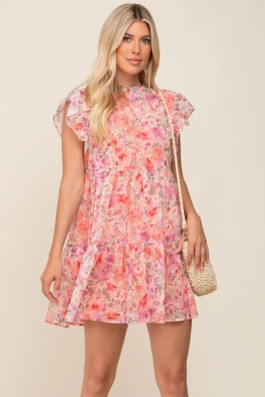 Coral Floral Chiffon Tiered Dress sold by Pinkblush
