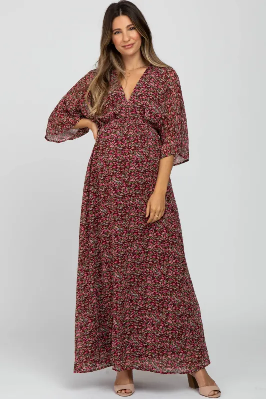 Burgundy Floral V-Neck Maternity Maxi Dress sold by Pinkblush