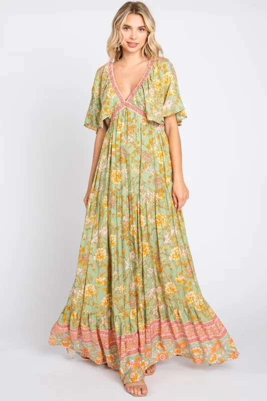 Light Olive Floral V-Neck Maxi Dress sold by Pinkblush