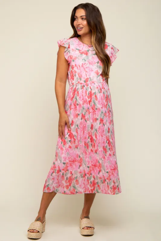Pink Floral Chiffon Pleated Maternity Midi Dress sold by Pinkblush