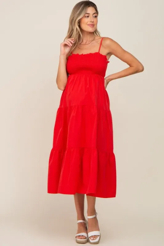 Red Smocked Open Back Tiered Maternity Midi Dress sold by Pinkblush