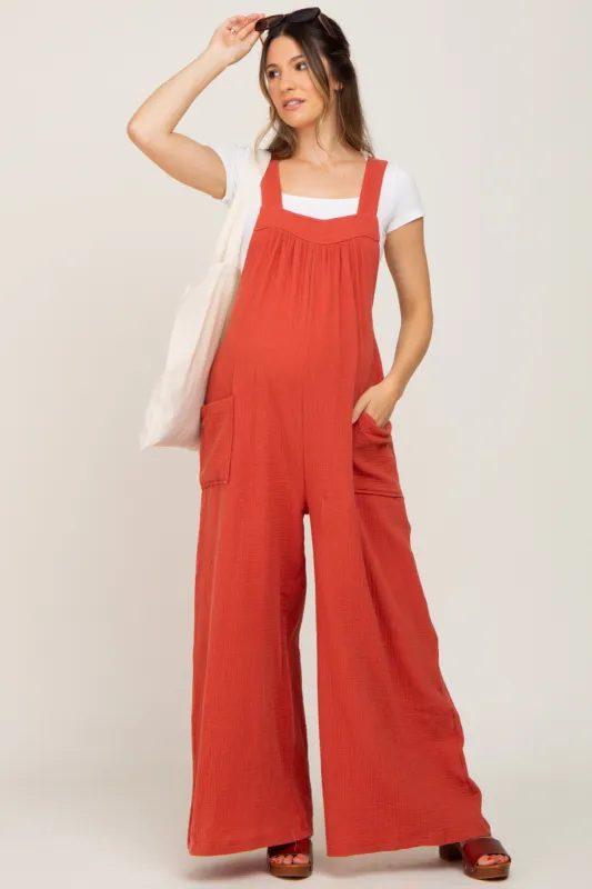 Rust Wide Leg Tie Back Maternity Overalls sold by Pinkblush