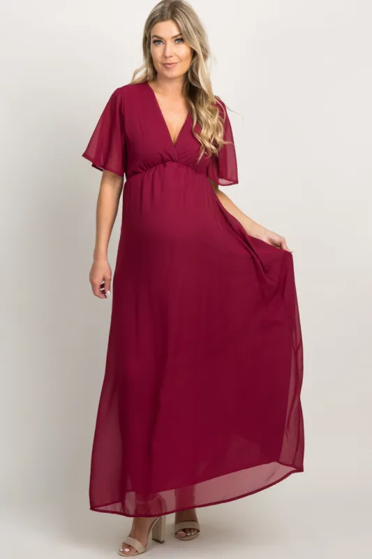 Burgundy Chiffon Bell Sleeve Maternity Maxi Dress sold by Pinkblush