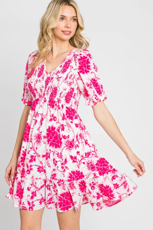 Fuchsia Floral Smocked Puff Sleeve Dress sold by Pinkblush