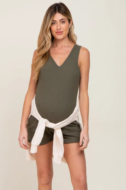 Olive Ribbed V-Neck Sleeveless Maternity Romper sold by Pinkblush