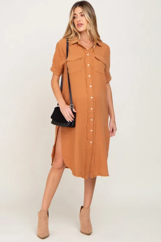 Camel Fringe Button Down Maternity Midi Dress sold by Pinkblush