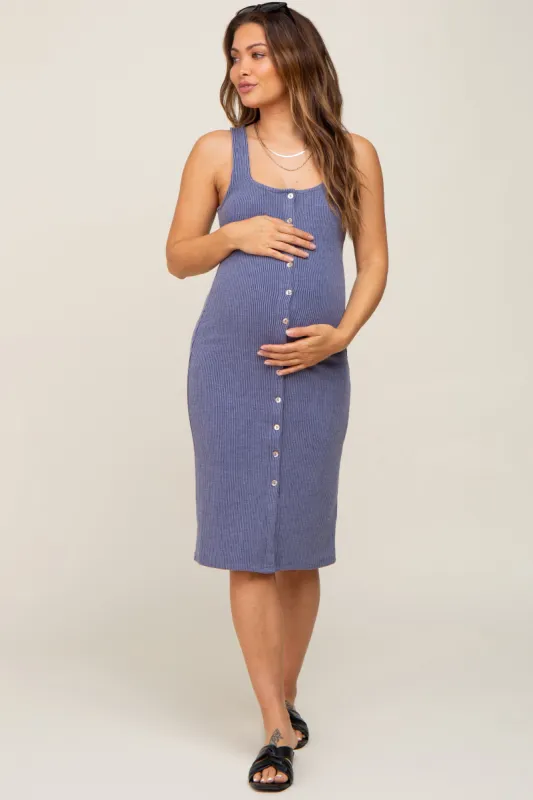 Navy Blue Ribbed Button Front Sleeveless Maternity Midi Dress sold by Pinkblush
