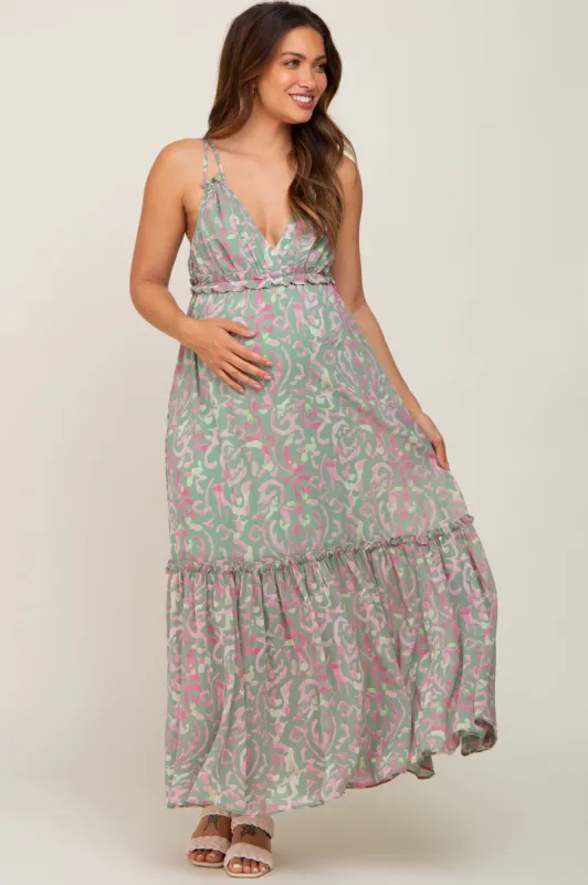 Light Olive Chiffon V-Neck Ruffle Tiered Maternity Maxi Dress sold by Pinkblush