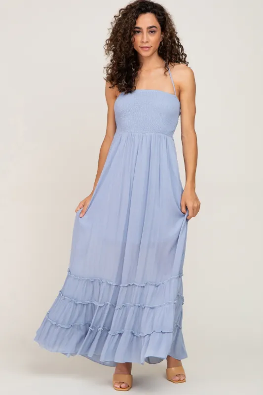 Light Blue Halter Smocked Maxi Dress sold by Pinkblush