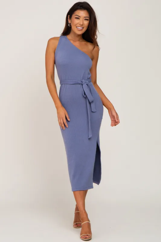 Blue Ribbed One Shoulder Side Slit Midi Dress sold by Pinkblush