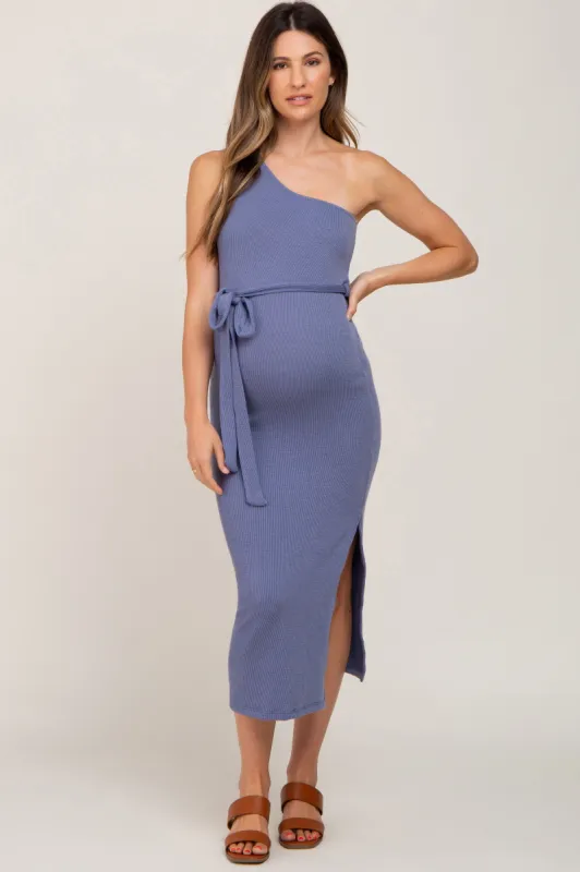 Blue Ribbed One Shoulder Side Slit Maternity Midi Dress sold by Pinkblush