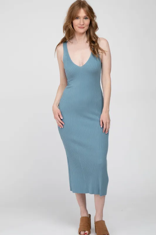 Blue Ribbed Sleeveless Knit Midi Dress sold by Pinkblush