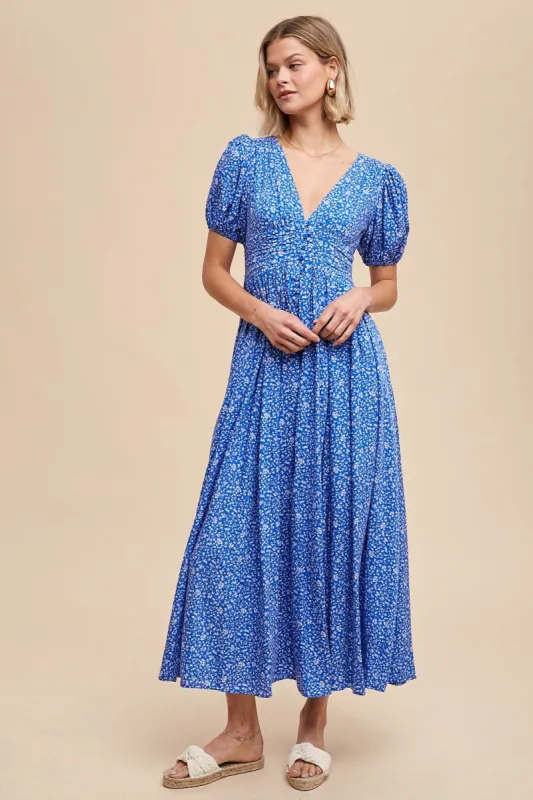 Blue Floral Button Down Front Slit Maxi Dress sold by Pinkblush