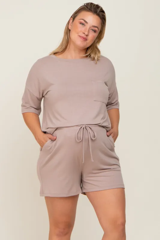 Taupe Pocket Front Maternity Plus Pajama Short Set sold by Pinkblush