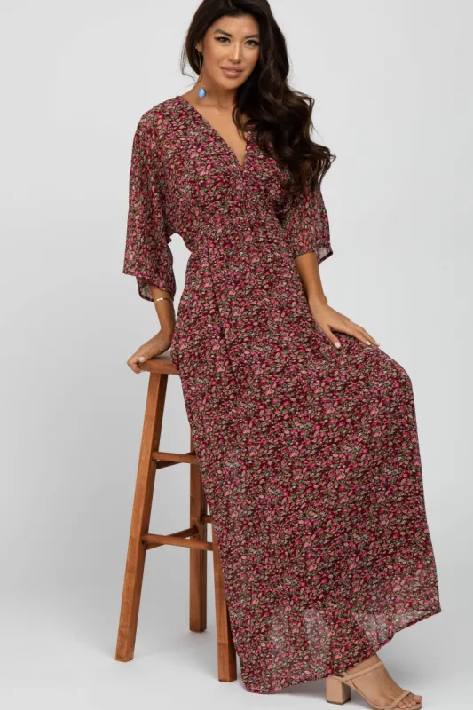 Burgundy Floral V-Neck Maxi Dress sold by Pinkblush