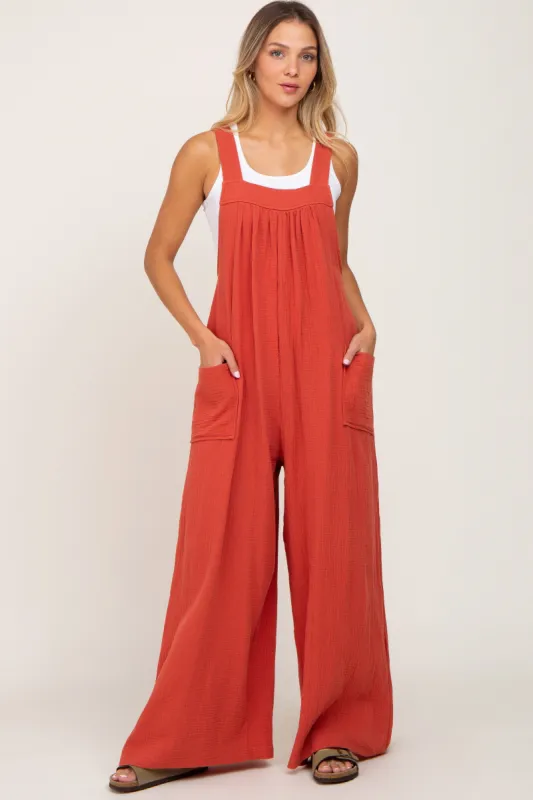 Rust Wide Leg Tie Back Overalls sold by Pinkblush