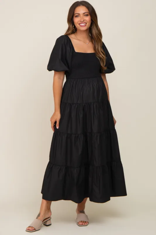 Black Square Neck Smocked Puff Short Sleeve Tiered Maternity Midi Dress sold by Pinkblush