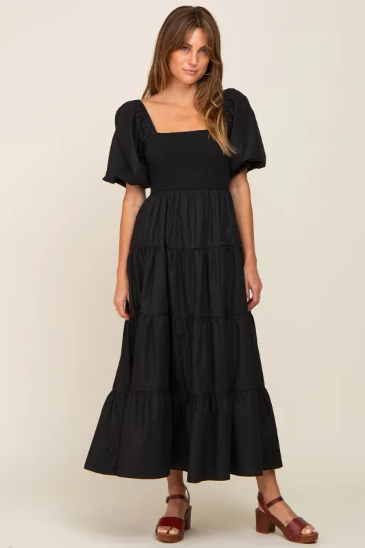 Black Square Neck Smocked Puff Short Sleeve Tiered Midi Dress sold by Pinkblush