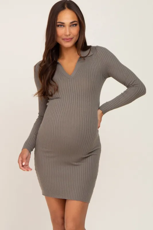 Olive Ribbed Collared Long Sleeve Maternity Dress sold by Pinkblush
