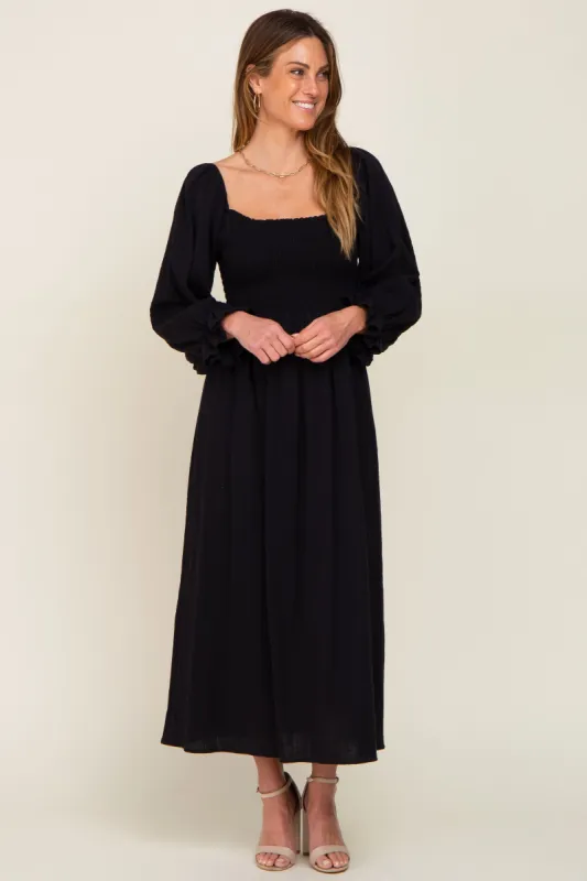 Black Gauze Smocked Midi Dress sold by Pinkblush