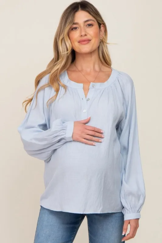 Light Blue Button Front Long Puff Sleeve Maternity Top sold by Pinkblush