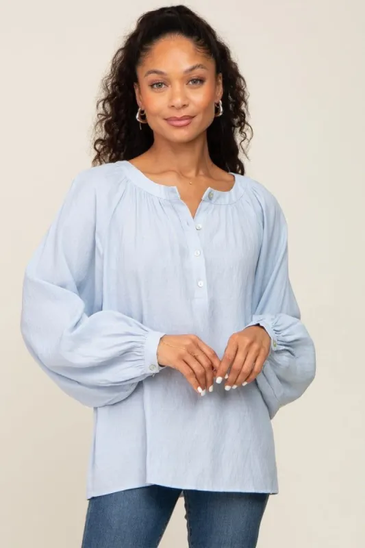 Light Blue Button Front Long Puff Sleeve Top sold by Pinkblush