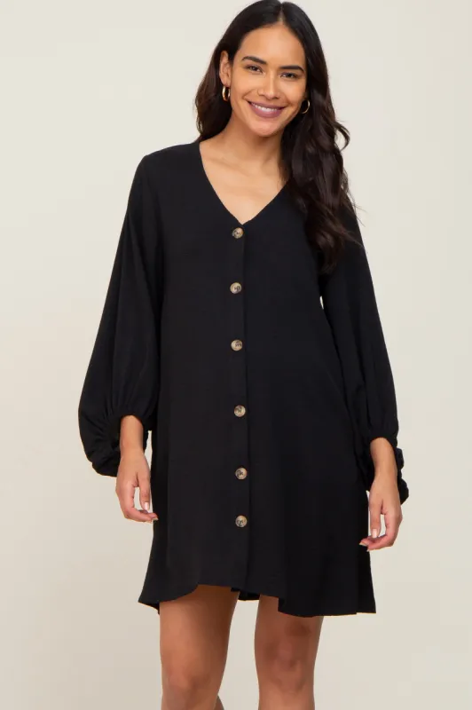 Black Button Front Balloon Sleeve Maternity Dress sold by Pinkblush