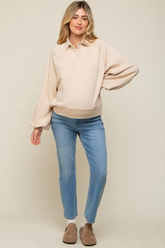 Beige Collared Button Maternity Pullover sold by Pinkblush