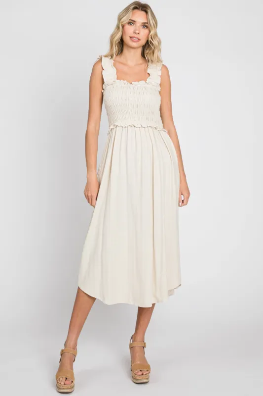 Beige Square Neck Smocked Sleeveless Midi Dress sold by Pinkblush