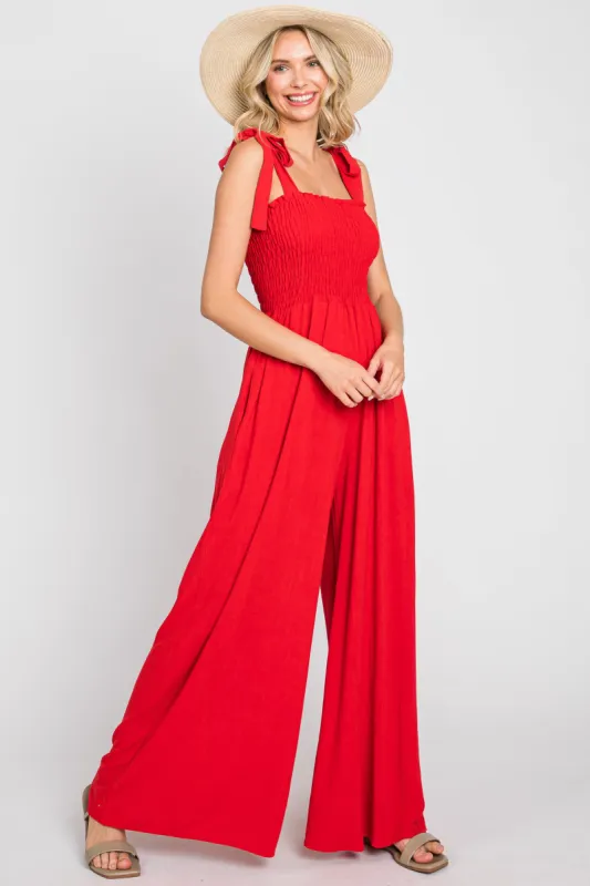 Red Sleeveless Smocked Wide Leg Jumpsuit sold by Pinkblush