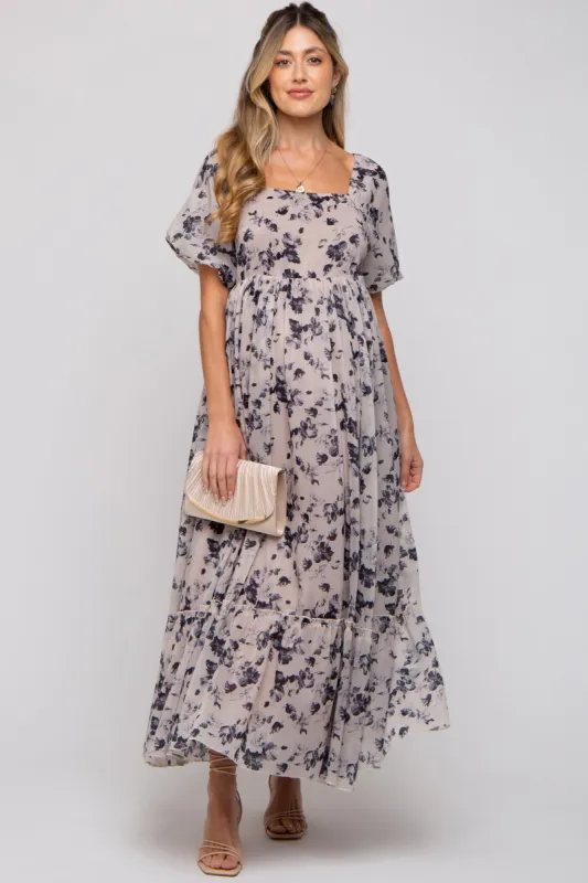 Navy Blue Floral Square Neck Short Puff Sleeve Maternity Maxi Dress sold by Pinkblush
