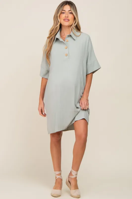 Light Olive Linen Front Button Collared Maternity Dress sold by Pinkblush