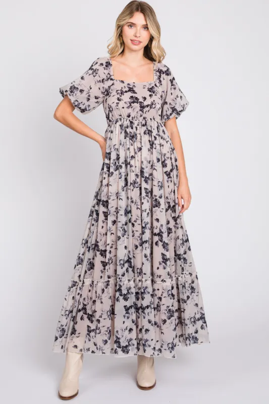 Navy Blue Floral Square Neck Short Puff Sleeve Maxi Dress sold by Pinkblush