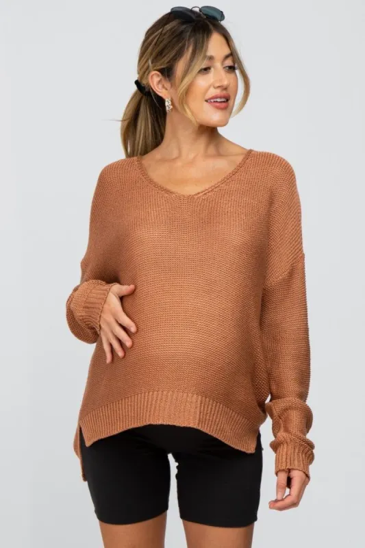 Rust Side Slit Knit Maternity Sweater sold by Pinkblush