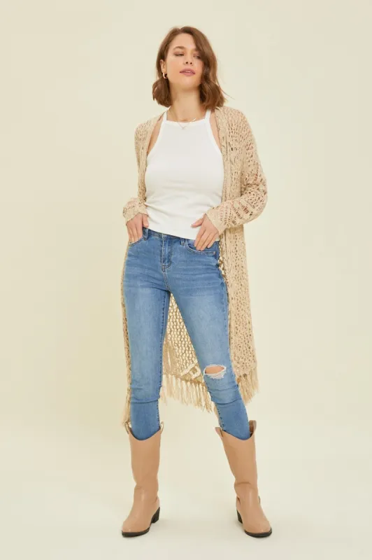 Beige Crochet Fringe Hem Cardigan sold by Pinkblush