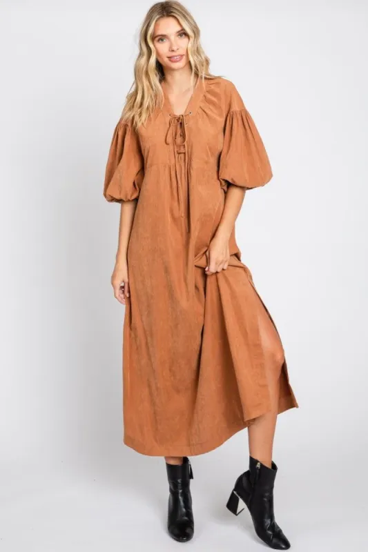 Rust Lace Up 3/4 Sleeve Side Slit Maxi Dress sold by Pinkblush