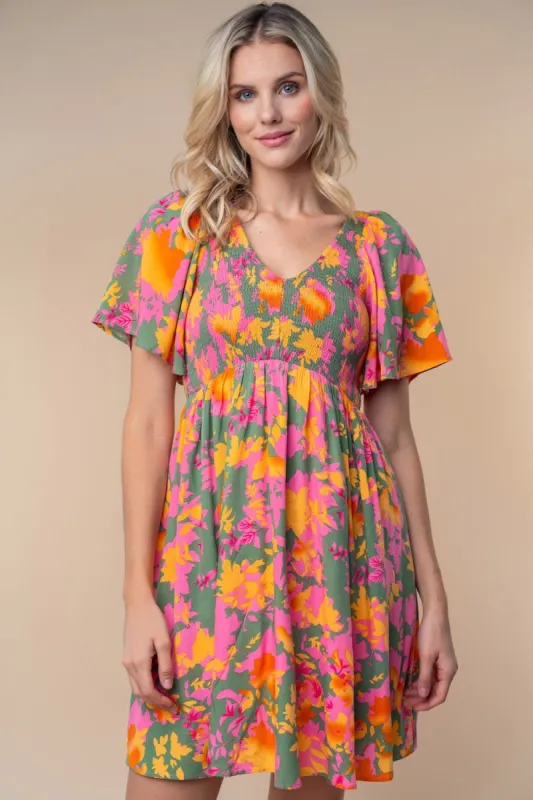 Olive Leaf Print Smocked V-Neck Dress sold by Pinkblush