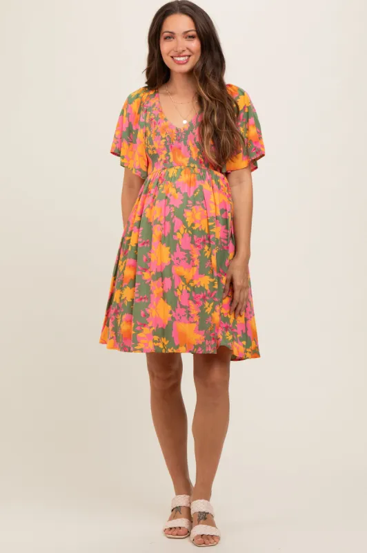 Olive Leaf Print Smocked V-Neck Maternity Dress sold by Pinkblush