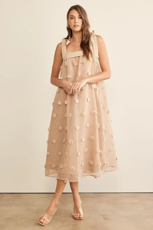 Mocha Blossom Floral Embroidery Shoulder Tie Dress sold by Pinkblush