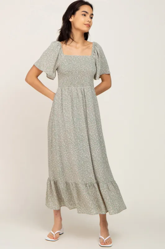 Light Olive Floral Smocked Midi Dress sold by Pinkblush