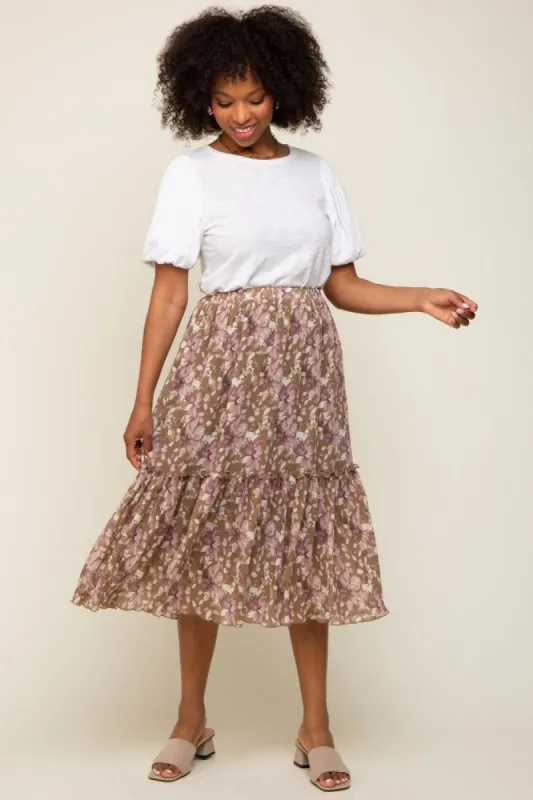 Mocha Floral Plisse Ruffle Accent Midi Skirt sold by Pinkblush