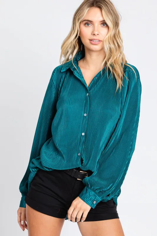 Teal Plisse Button Up Long Sleeve Top sold by Pinkblush